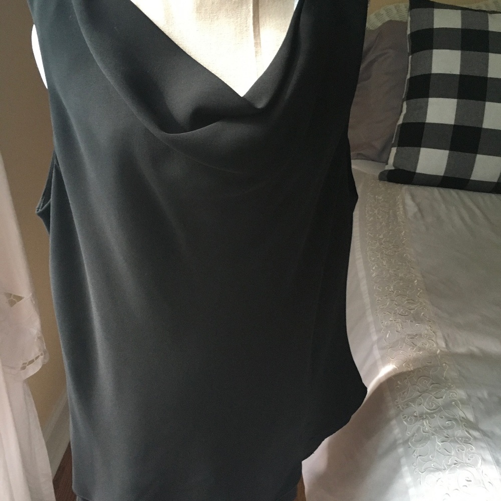 Black poly blouse with Cowell neck line, fully lined